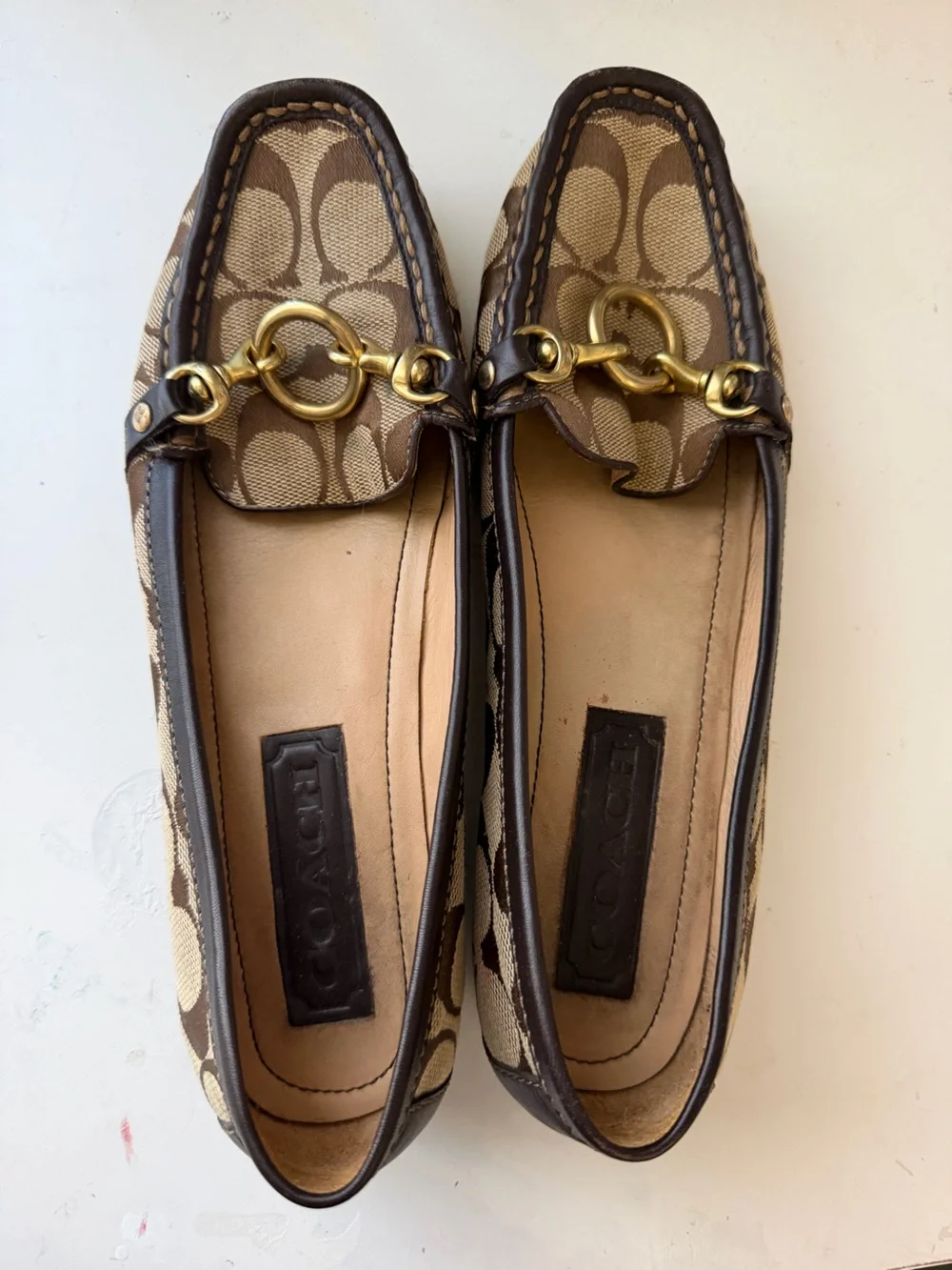Coach Brown Signature Canvas Loafers with Gold Hardware
